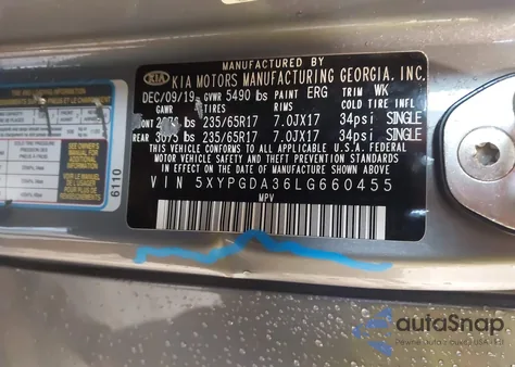 2020 Kia Sorento 2.4L Lx z USA, uszkodzony, nr VIN 5XYPGDA36LG660455